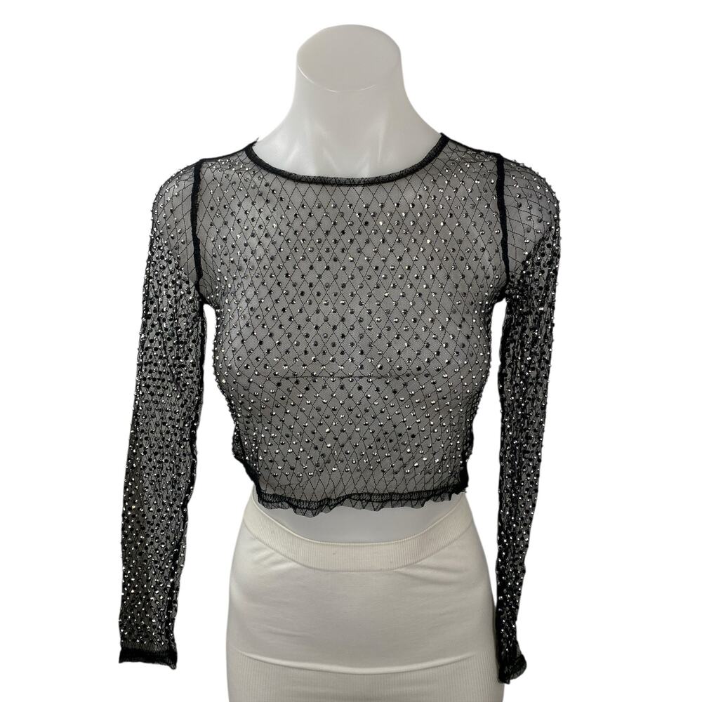Top Chic Black Rhinestone Mesh Sheer Sparkly Long Sleeve Blouse Crop Top Size S